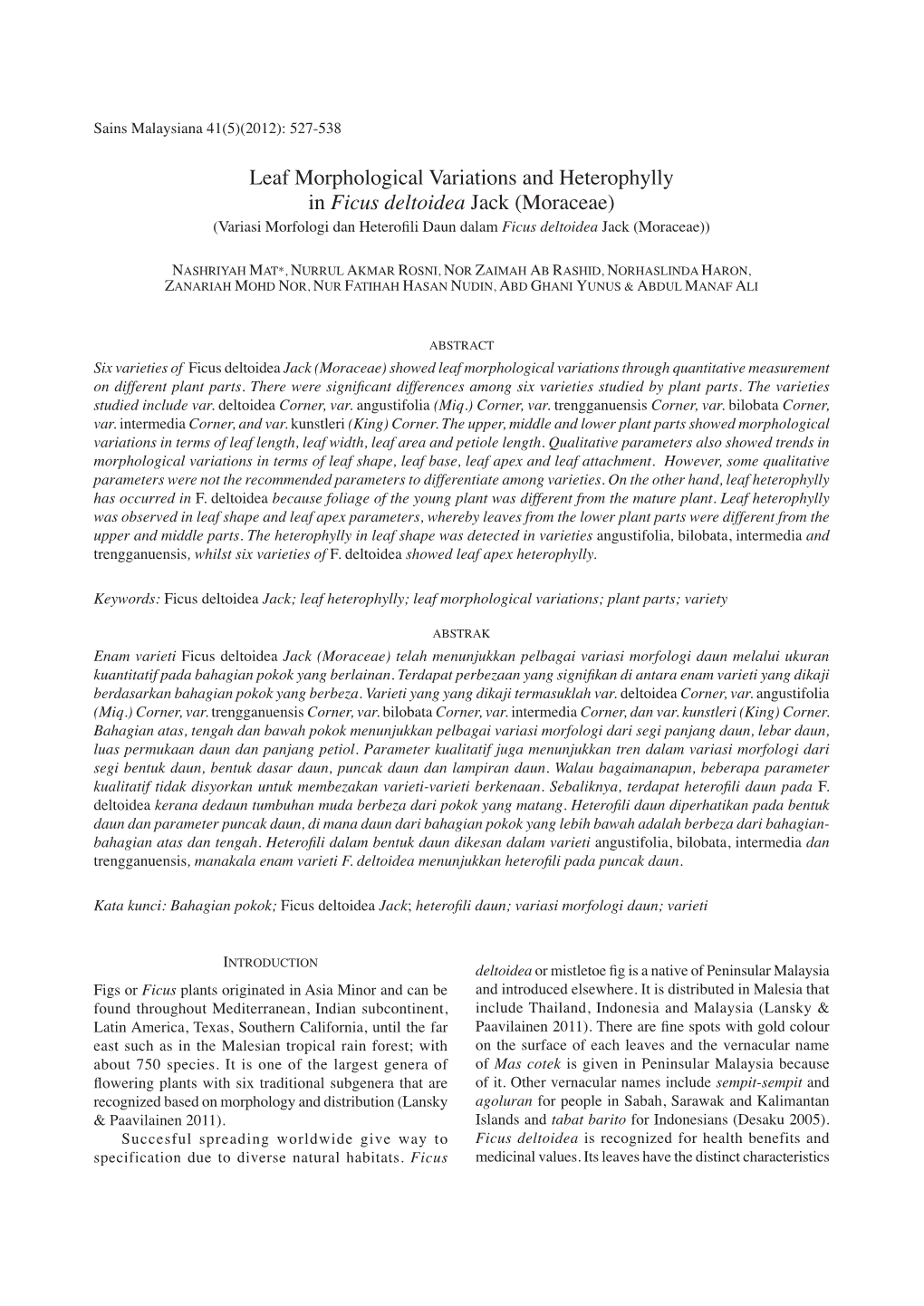 Leaf Morphological Variations and Heterophylly in Ficus Deltoidea Jack ...