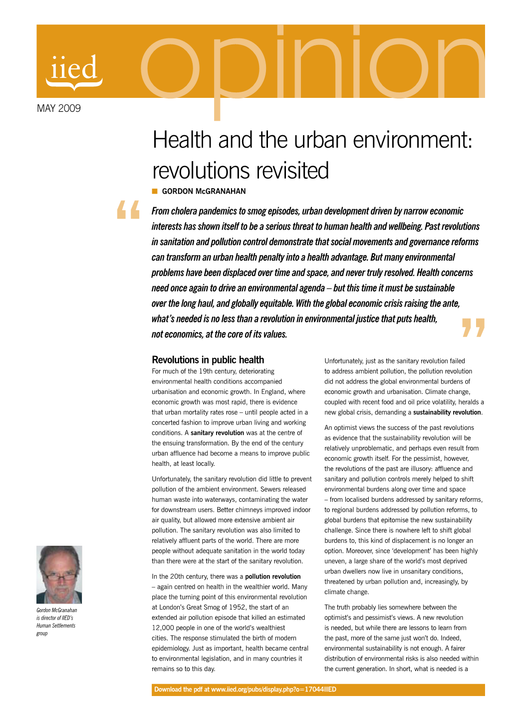 Health and the Urban Environment: Revolutions Revisited N Gordon Mcgranahan