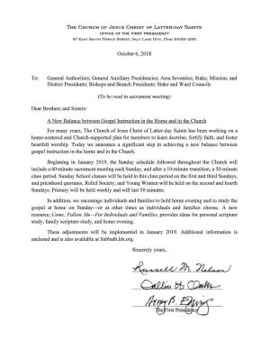 First Presidency Letter Dated October 6, 2018