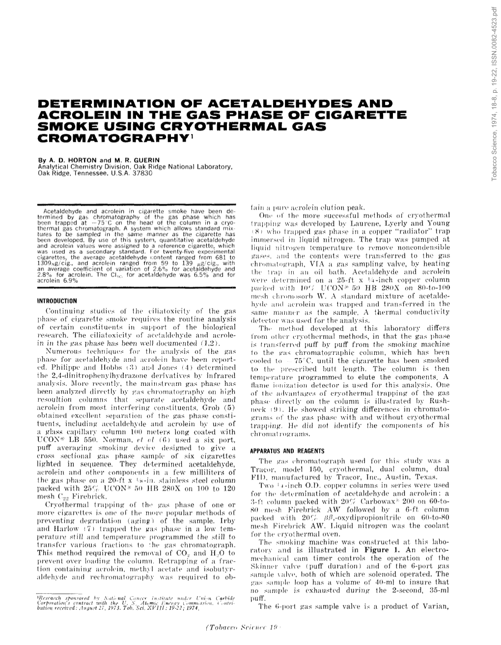 Determination of Acetaldehydes and Acrolein in the Gas Phase of Cigarette Smoke Using Cryothermal Gas Cromatography’