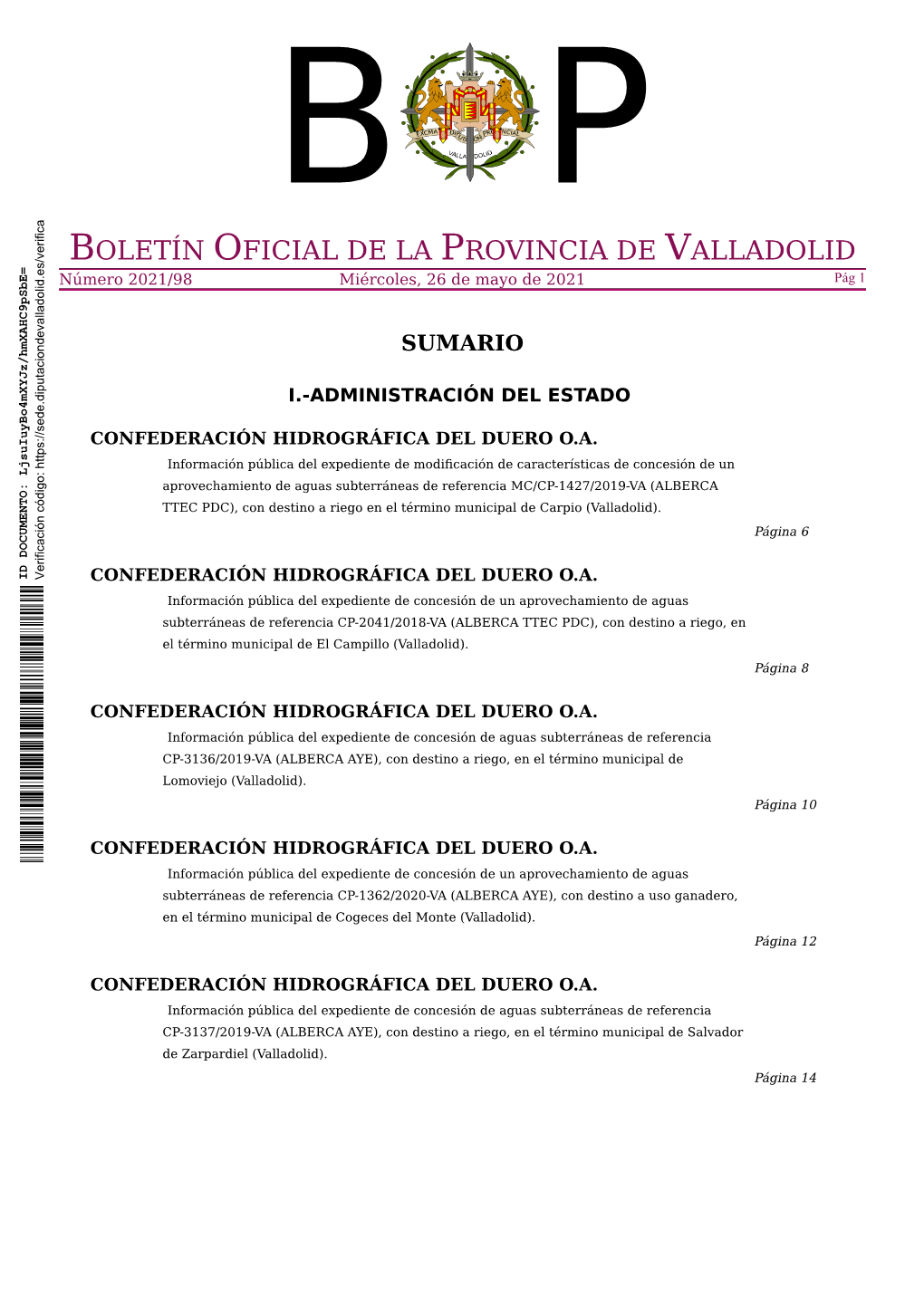 BOLETÍN OFICIAL DE LA PROVINCIA DE VALLADOLID Número 2021/98 Miércoles, 26 De Mayo De 2021 Pág 1