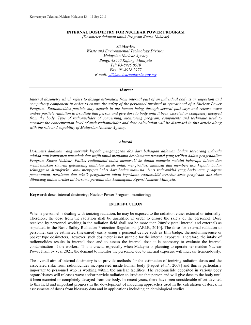 INTERNAL DOSIMETRY for NUCLEAR POWER PROGRAM (Dosimeter Dalaman Untuk Program Kuasa Nuklear)