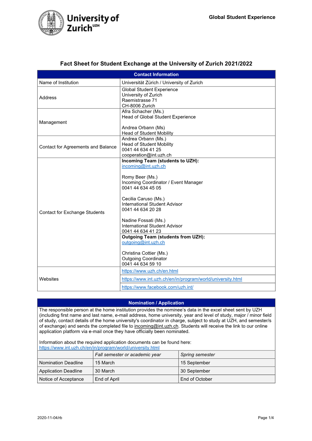 Fact Sheet for Student Exchange at the University of Zurich 2021/2022