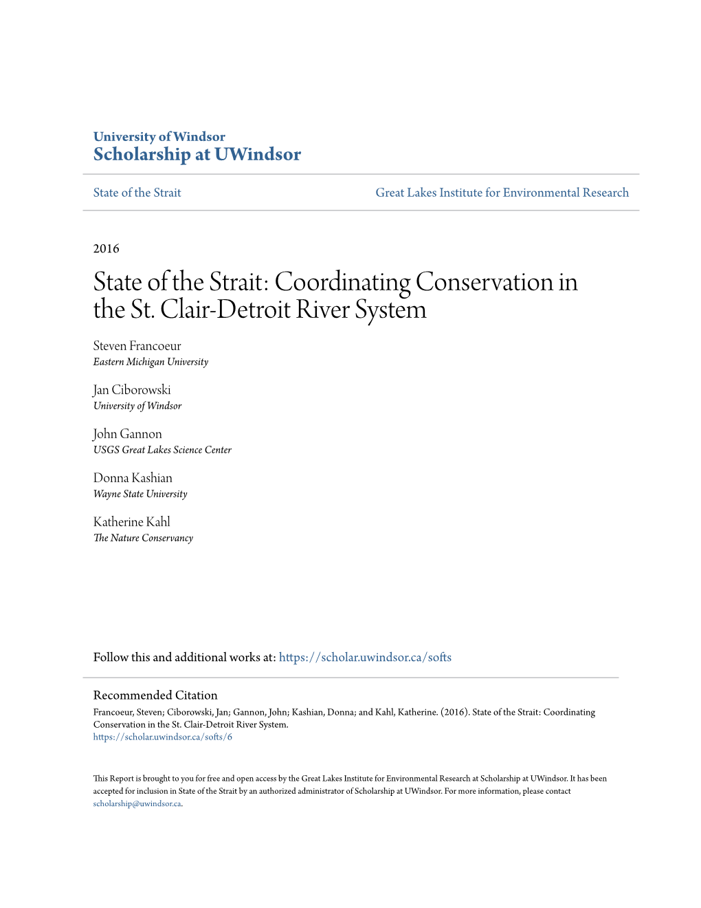 Coordinating Conservation in the St. Clair-Detroit River System Steven Francoeur Eastern Michigan University