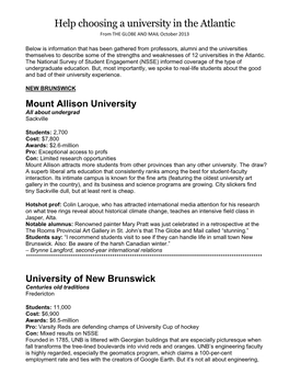 Help Choosing a University in the Atlantic from the GLOBE and MAIL October 2013