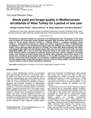Shrub Yield and Forage Quality in Mediterranean Shrublands of West Turkey for a Period of One Year