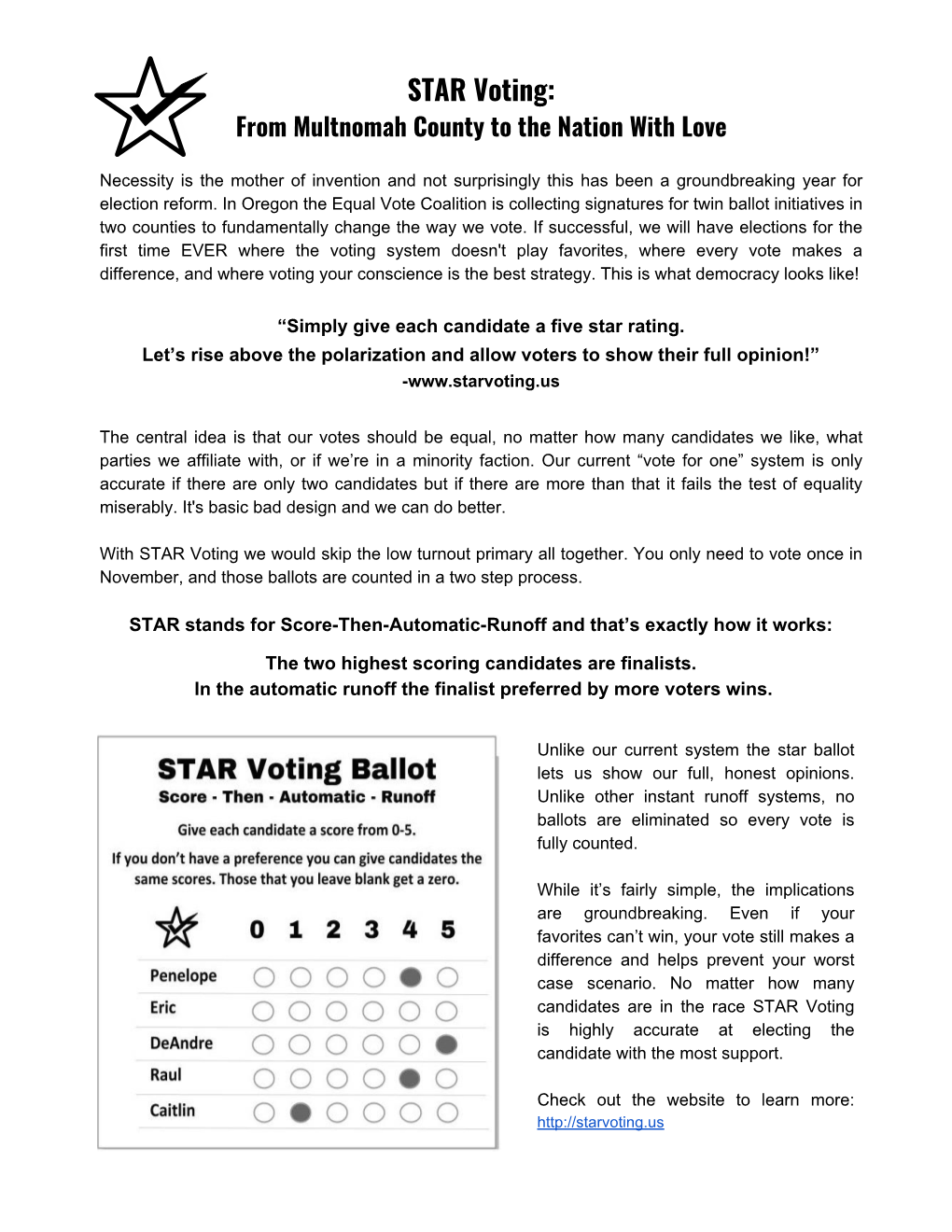 STAR Voting: from Multnomah County to the Nation with Love