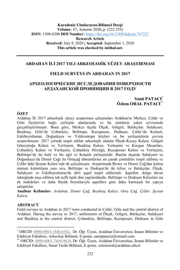 Ardahan Ili 2017 Yili Arkeolojik Yüzey Araştirmasi Field Surveys in Ardahan in 2017 Археологические Иссл