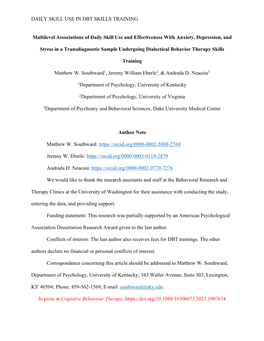 DAILY SKILL USE in DBT SKILLS TRAINING Multilevel Associations of Daily Skill Use and Effectiveness with Anxiety, Depression, An