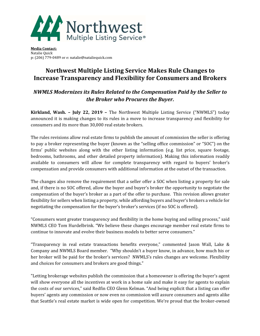 Northwest Multiple Listing Service Makes Rule Changes to Increase Transparency and Flexibility for Consumers and Brokers