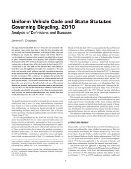Uniform Vehicle Code and State Statutes Governing Bicycling, 2010 Analysis of Deﬁnitions and Statutes
