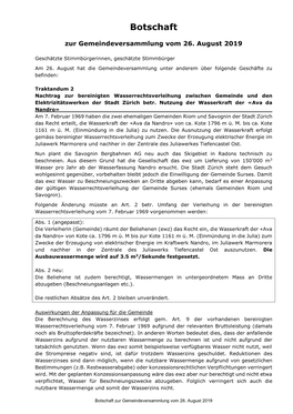 Botschaft Zur Gemeindeversammlung Vom 26. August 2019 (PDF, 296.67