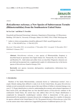 Reticulitermes Nelsonae, a New Species of Subterranean Termite (Rhinotermitidae) from the Southeastern United States
