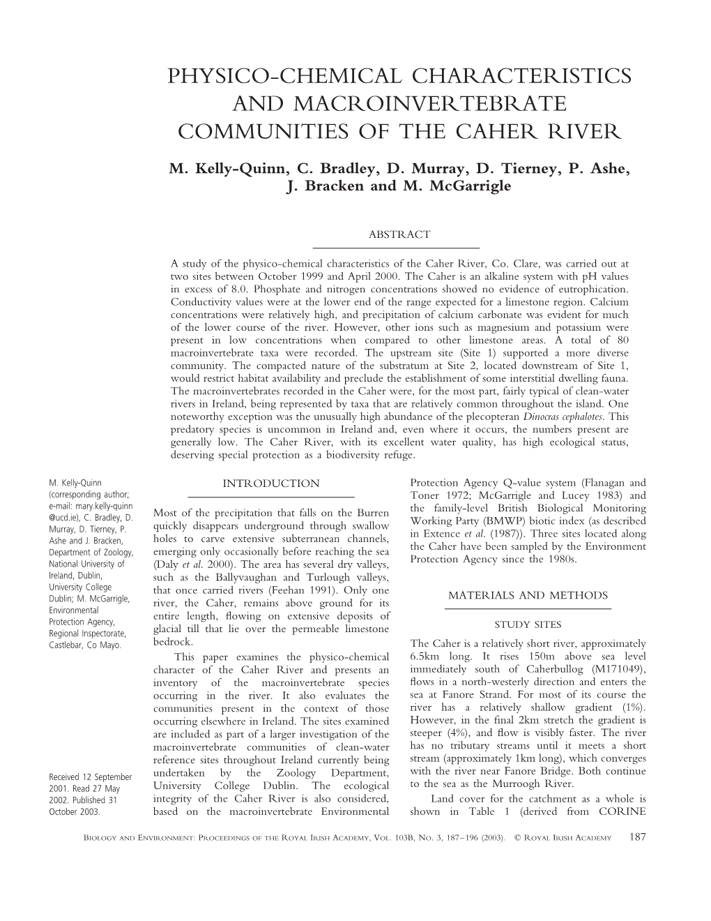 Physico-Chemical Characteristics and Macroinvertebrate Communities of the Caher River