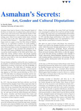 Asmahan's Secrets: Art, Gender and Cultural Disputations by Sherifa Zuhur Ameican University of Cairo (AUC)