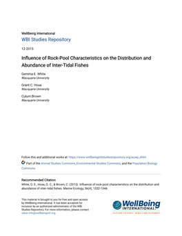 Influence of Rock-Pool Characteristics on the Distribution and Abundance of Inter-Tidal Fishes