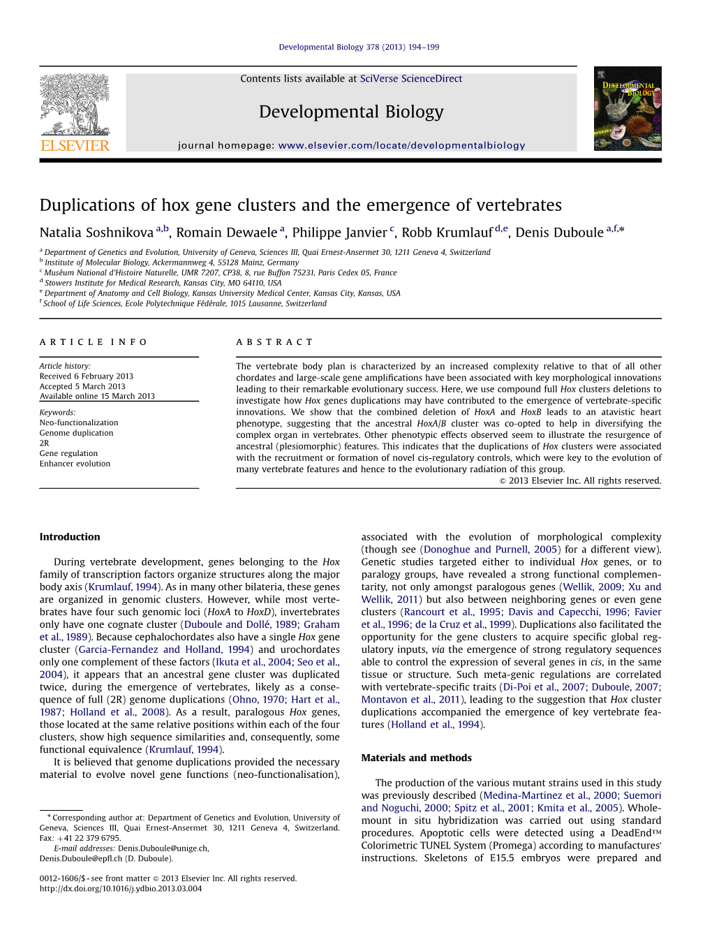 Duplications of Hox Gene Clusters and the Emergence of Vertebrates