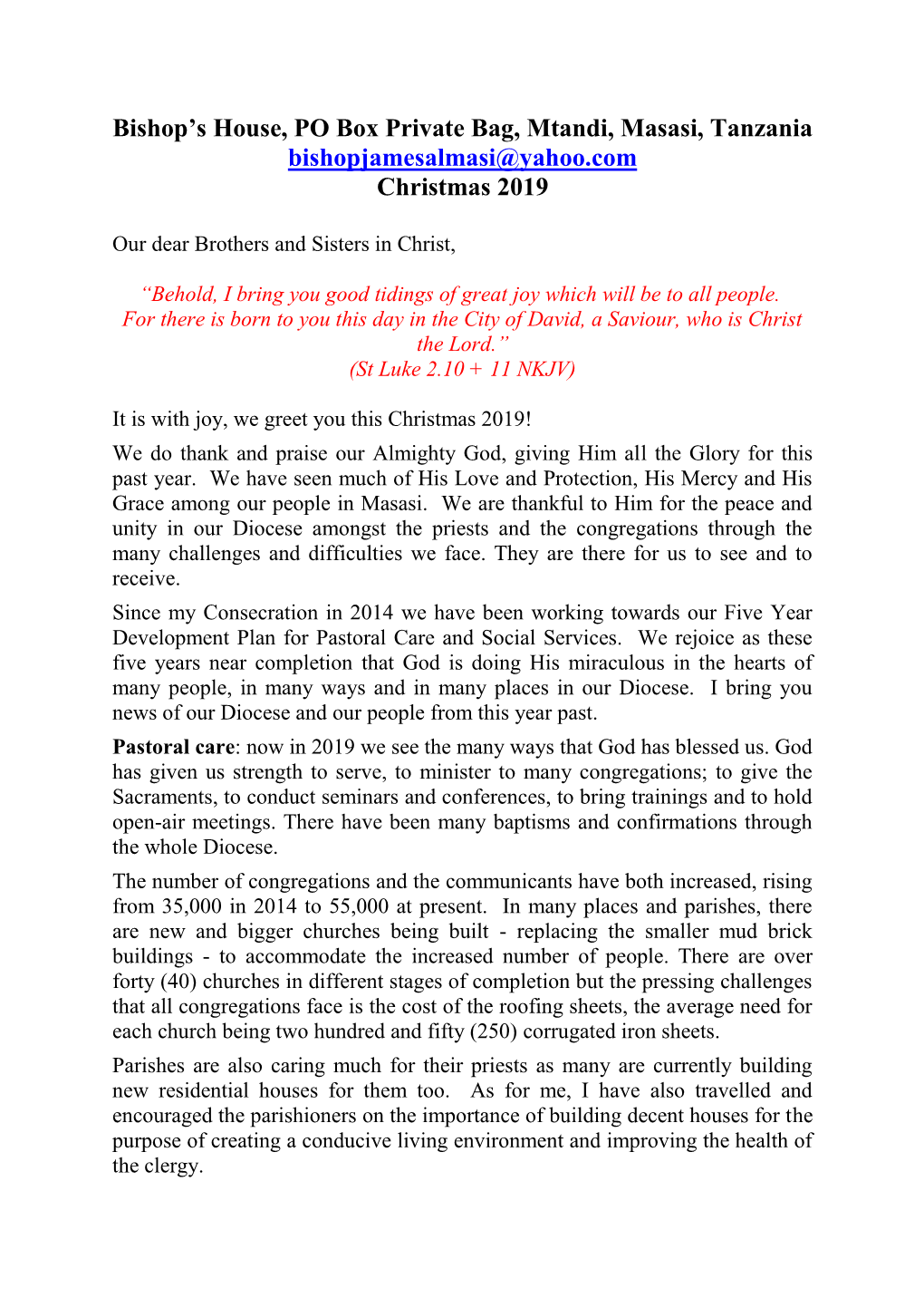 Bishop's Letter Christmas 2019