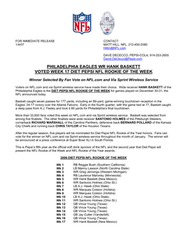 Philadelphia Eagles Wr Hank Baskett Voted Week 17 Diet Pepsi Nfl Rookie of the Week