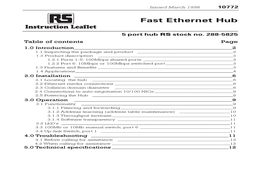 Fast Ethernet Hub Instruction Leaflet 5 Port Hub RS Stock No