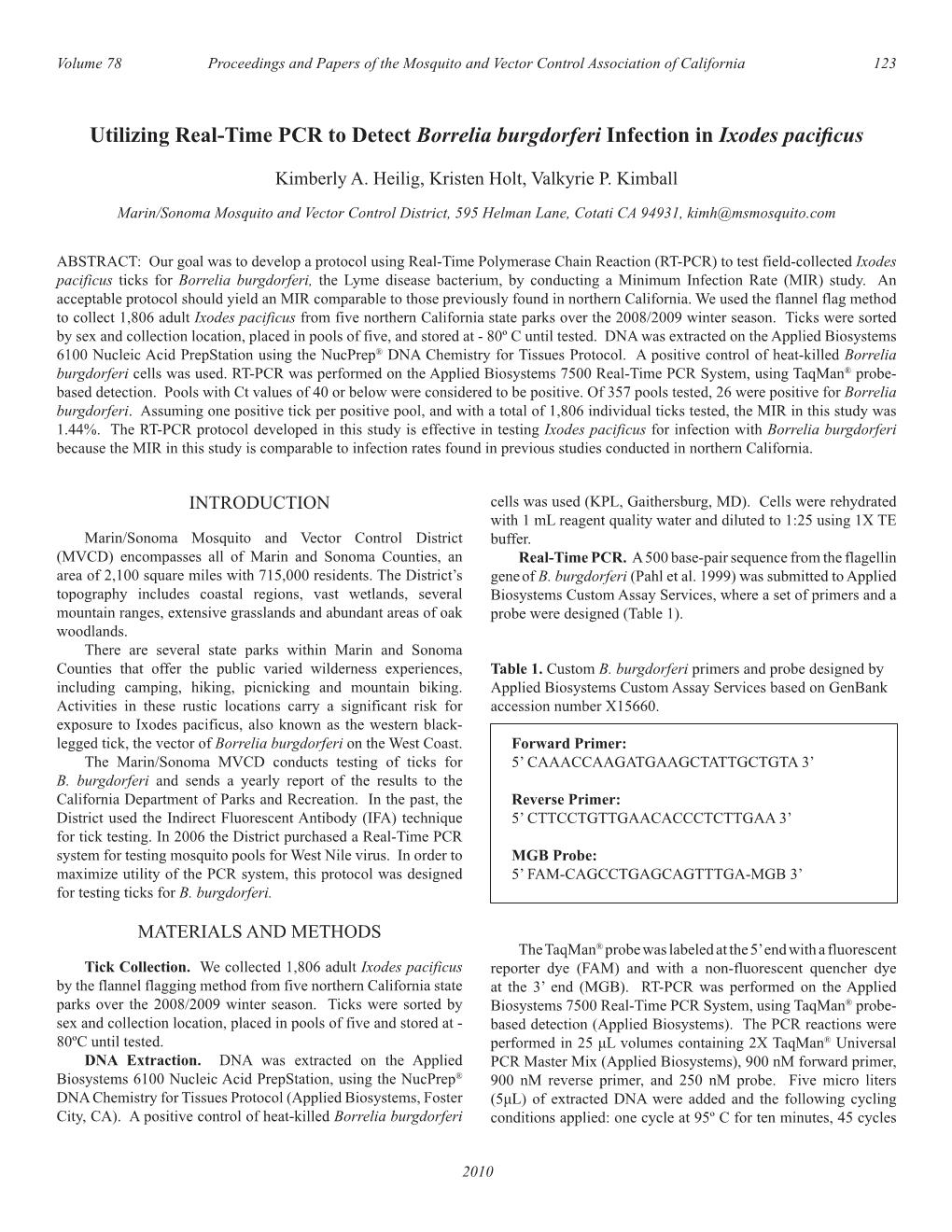 Utilizing Real-Time PCR to Detect Borrelia Burgdorferi Infection in Ixodes Pacificus