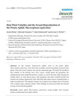 Host Plant Volatiles and the Sexual Reproduction of the Potato Aphid, Macrosiphum Euphorbiae