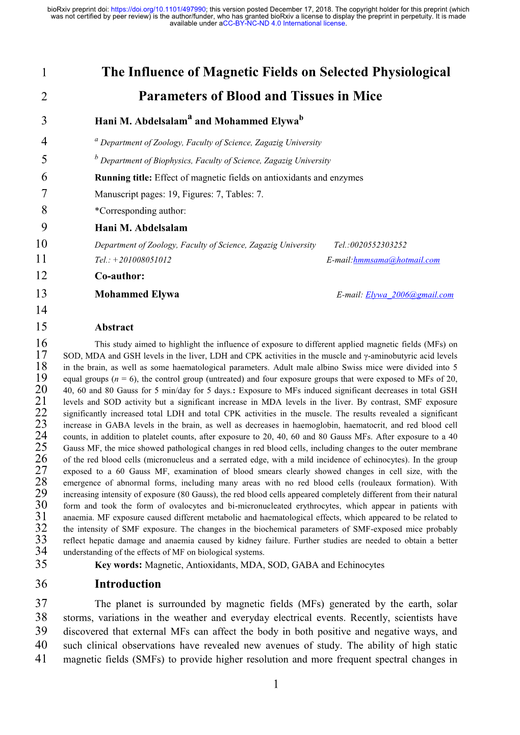 The Influence of Magnetic Fields on Selected Physiological Parameters