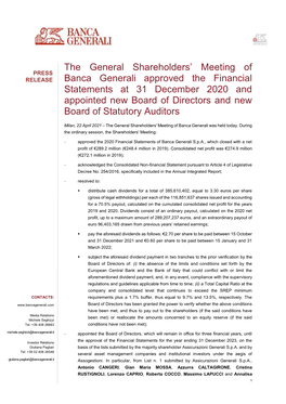The General Shareholders' Meeting of Banca Generali Approved The