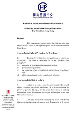 Guidelines on Malaria Chemoprophylaxis for Travellers from Hong Kong
