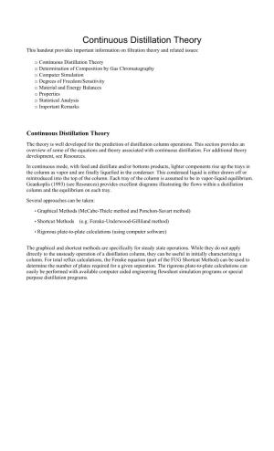 Continuous Distillation Theory This Handout Provides Important Information on Filtration Theory and Related Issues