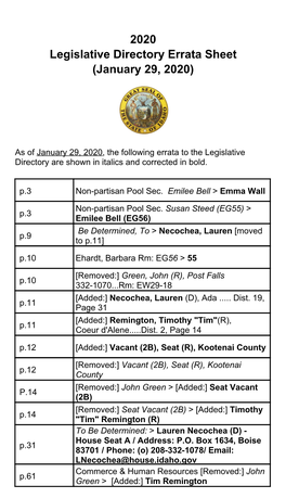 Legislative Directory Errata Sheet (January 29, 2020)