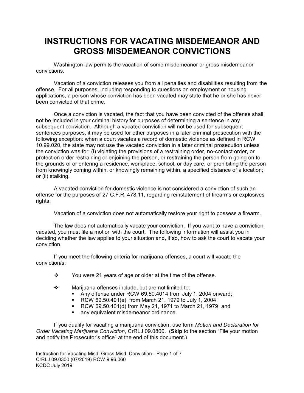 Instructions for Vacating Misdemeanor and Gross Misdemeanor Convictions