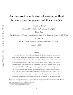 An Improved Sample Size Calculation Method for Score Tests in Generalized Linear Models Arxiv:2006.13104V1 [Stat.ME] 23 Jun 20