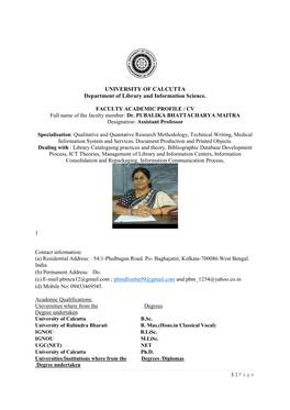 UNIVERSITY of CALCUTTA Department of Library and Information Science