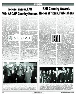 Assar, EMI BMI Country Awards Win ASCAP Country Honors Honor Writers, Publishers