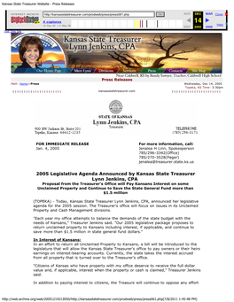 2005 Legislative Agenda Announced by Kansas State Treasurer Lynn