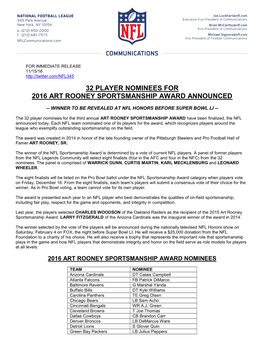 32 Player Nominees for 2016 Art Rooney Sportsmanship Award Announced