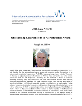 2016 IAA Awards Outstanding Contributions to Astrostatistics Award