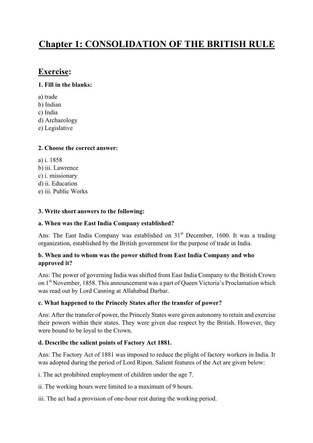 Chapter 1: CONSOLIDATION of the BRITISH RULE