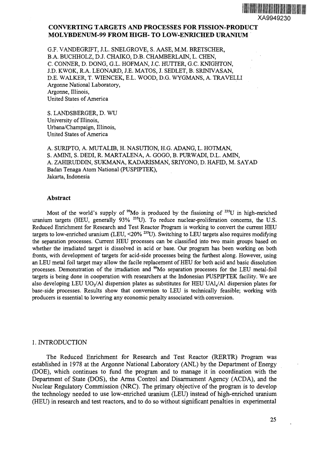 Xa9949230 Converting Targets and Processes for Fission-Product Molybdenum-99 from High- to Low-Enriched Uranium