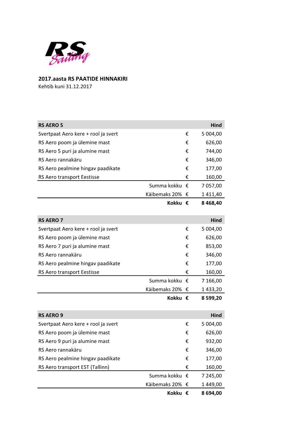2017.Aasta RS PAATIDE HINNAKIRI Kehtib Kuni 31.12.2017