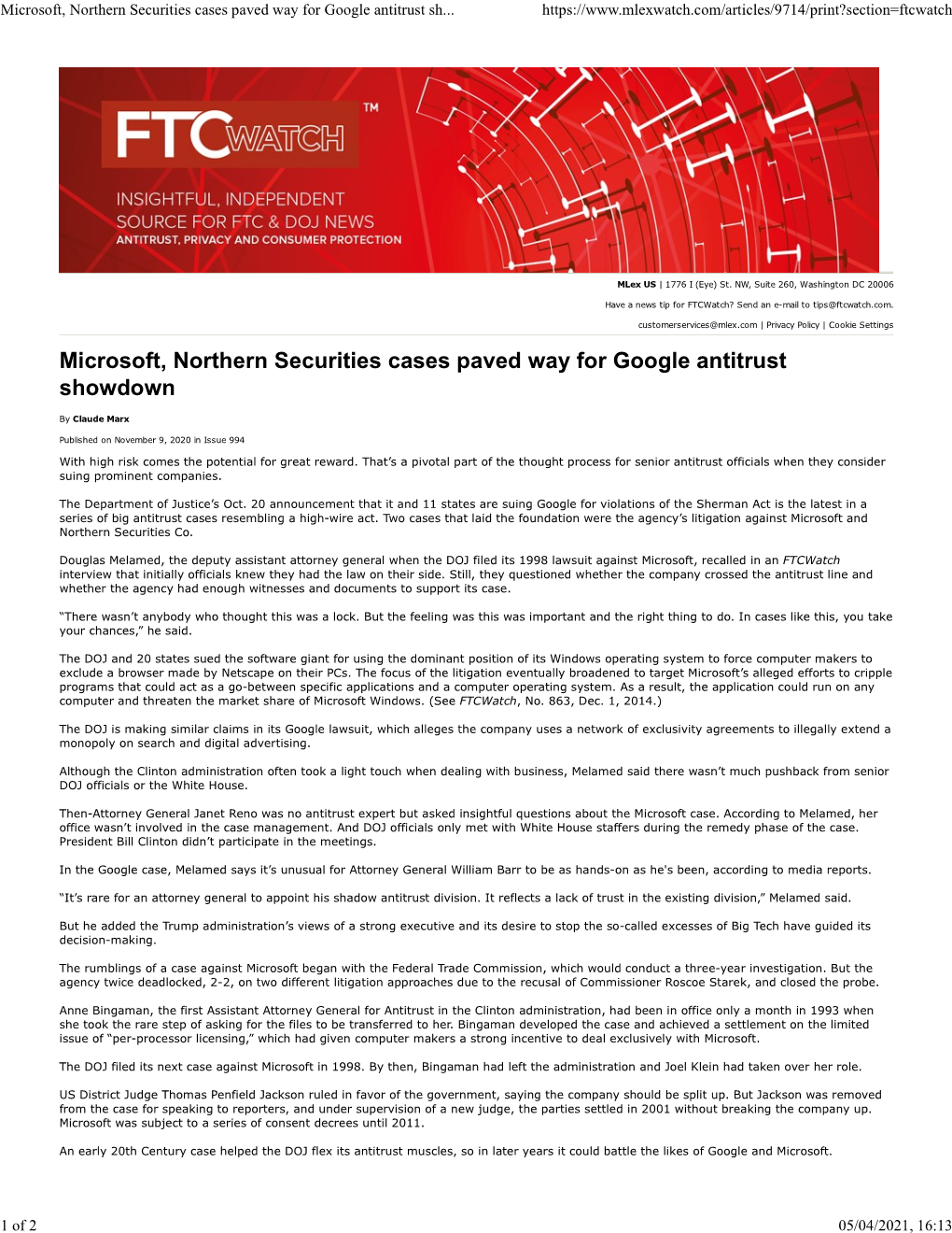 Microsoft, Northern Securities Cases Paved Way for Google Antitrust Sh