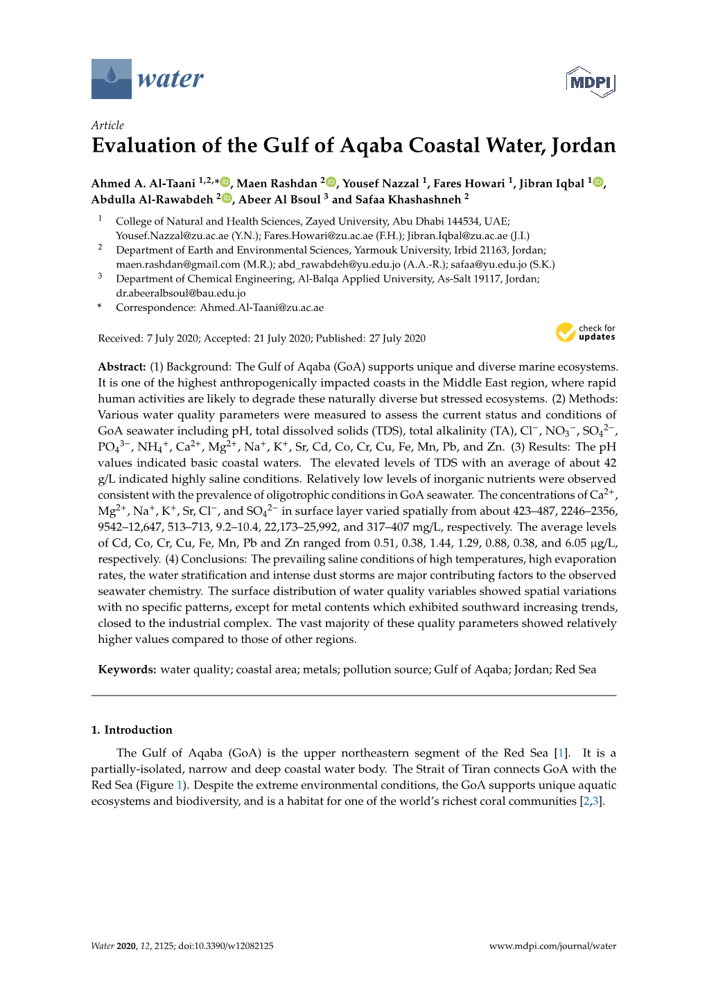 Evaluation of the Gulf of Aqaba Coastal Water, Jordan