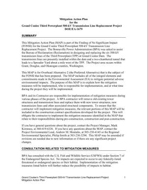 Mitigation Action Plan for the Grand Coulee Third Powerplant 500-Kv Transmission Line Replacement Project DOE/EA-1679
