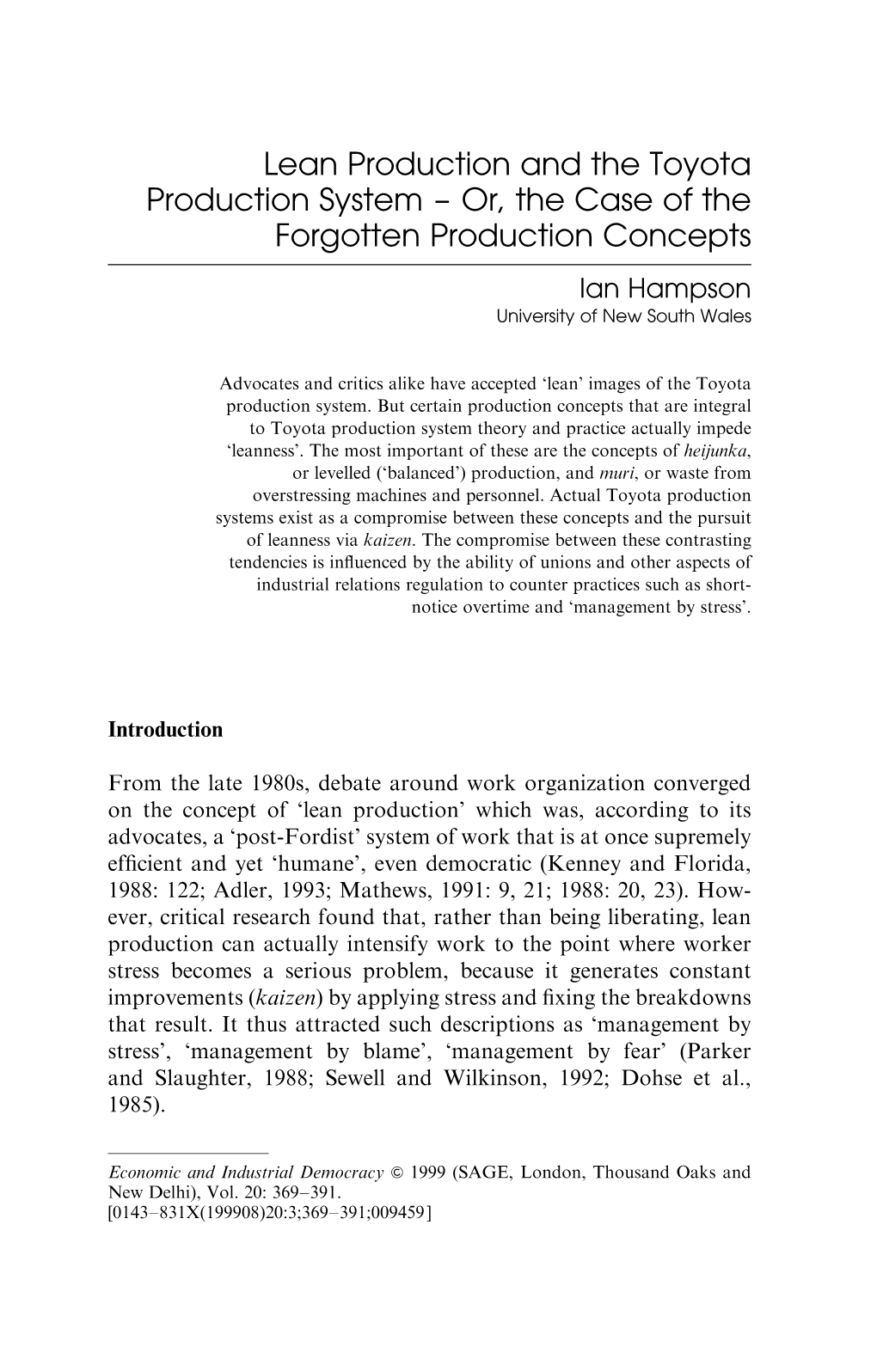 Lean Production and the Toyota Production System ± Or, the Case of the Forgotten Production Concepts Ian Hampson University of New South Wales