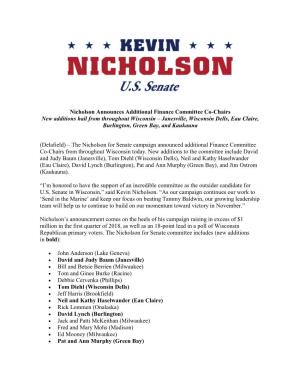 Nicholson Announces Additional Finance