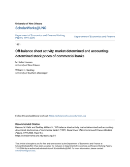 Off-Balance Sheet Activity, Market-Determined and Accounting- Determined Stock Prices of Commercial Banks