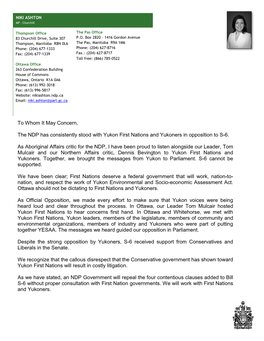 Letter in Support of Yukon First Nations Against S-6 from NDP