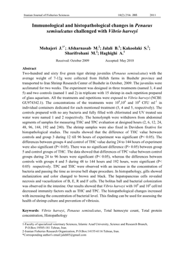 Immunological and Histopathological Changes in Penaeus Semisulcatus Challenged with Vibrio Harveyi