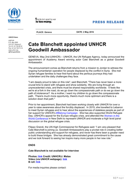 Cate Blanchett Appointed UNHCR Goodwill Ambassador